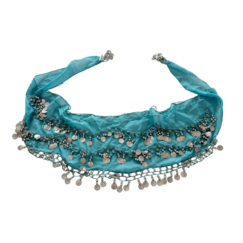 50 Star Belly Dance Hip Scarf Women One Size Turquoise Blue  Coin Fringe Boho